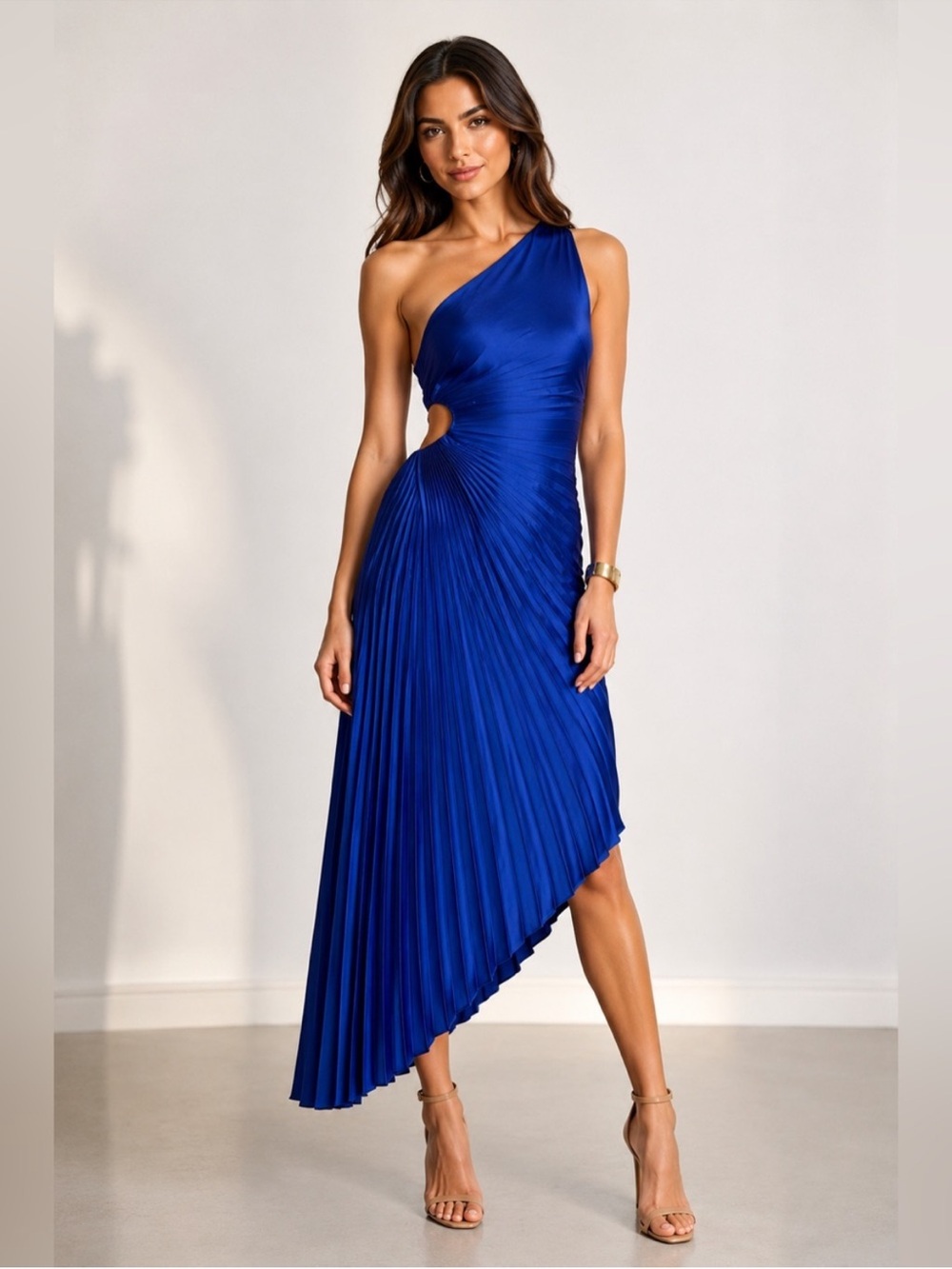 House of Harlow 1960 One-Shoulder Cobalt Blue Pleated Midi Dress
